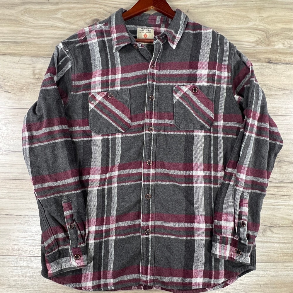 Ruff Hewn Mens Large Plaid Flannel Shirt Grey Burgundy 100% Cotton Button Down L